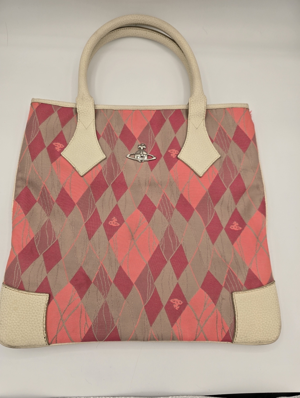 Vivienne Westwood Coral Pink Argyle Tote with Cream Trim
